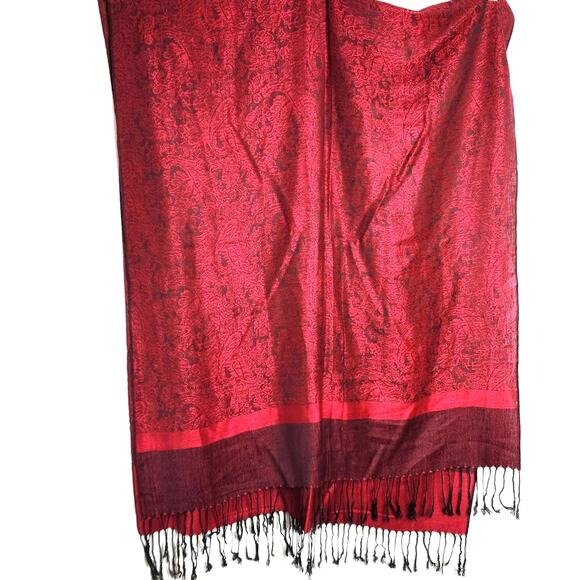 Cashmere & Silk Burgundy Red Pashmina Shawl Tassels Paisley Reversible Gorgeous - Picture 8 of 9